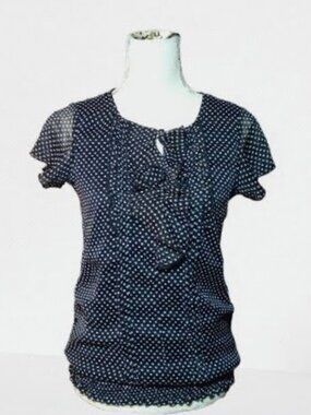 ladies size small navy blue blouse sheer sleeves neck embellishment